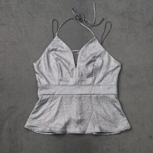 Express Womens Silver Metallic Dot Peplum Halter Top Deep V-Neck Size 8 NWT